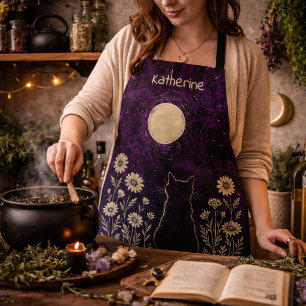 Delantal Gato Celestial Floral Personalizado Púrpura