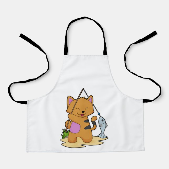 Delantal Gato como pescador con barra de pesca y pescado (Anverso)