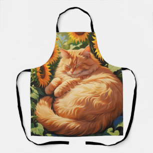 Delantal Gato con Naranja de grasa dormido con girasoles