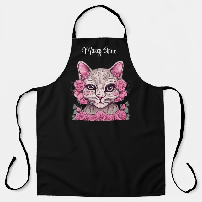 Delantal Gato con rosas rosadas  (Anverso)