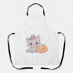 Delantal Gato con sombrero de bruja y calabaza sonriente, e