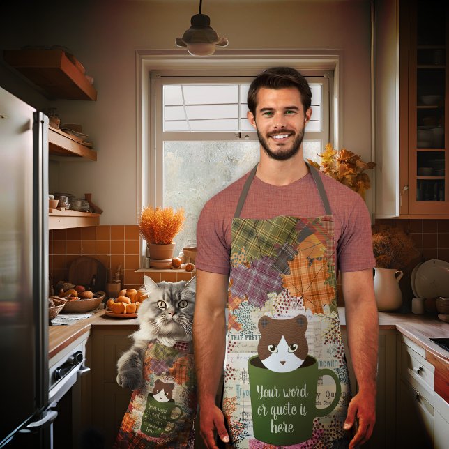 Delantal Gato de caída rota (A man wears her Fall Break Cat Apron in the kitchen. )