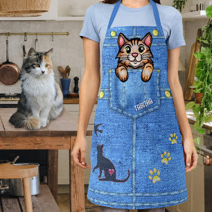 Delantal Gato de Calico en falso cajón de denim con nombre 