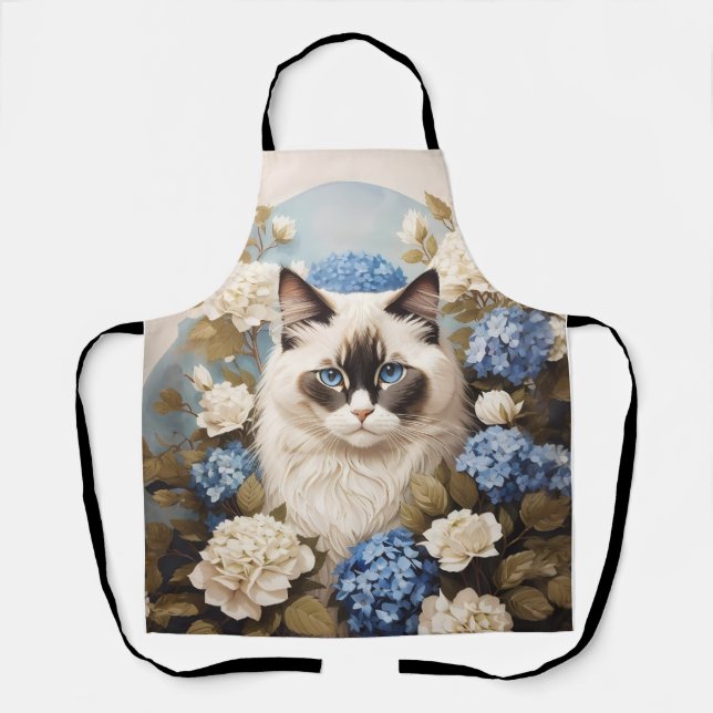 Delantal Gato De Ragdoll Con Flores De Hidrangea Azul (Anverso)