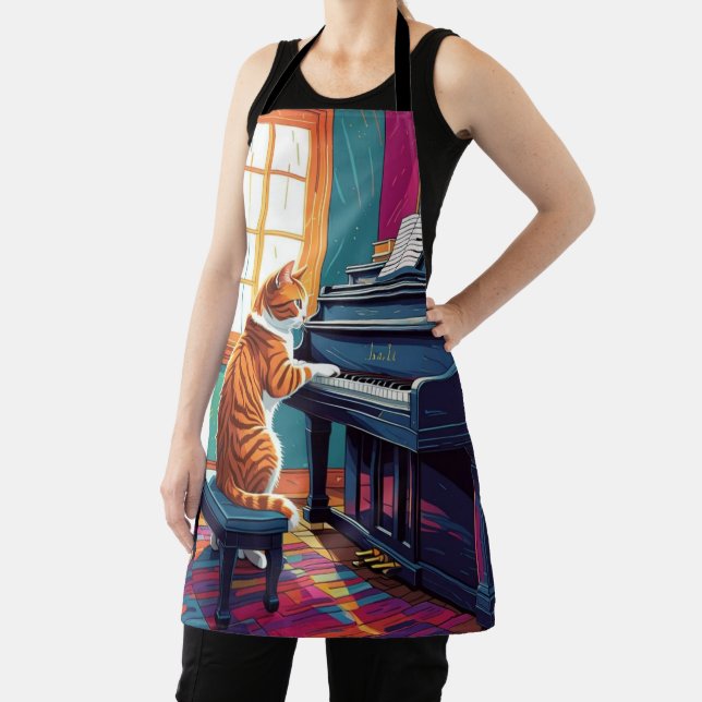 Delantal Gato de Tabby jugando al piano (in situ)