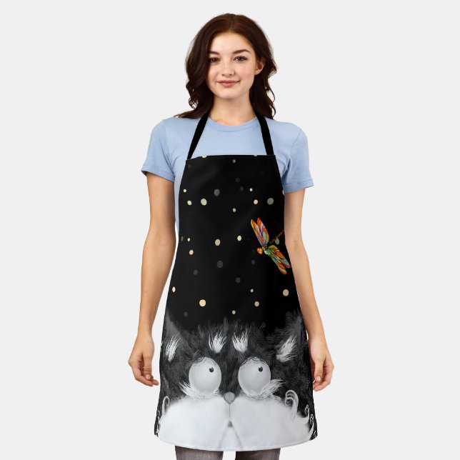 Delantal Gato de Tuxedo sorprendido por libélula  (Gastado)