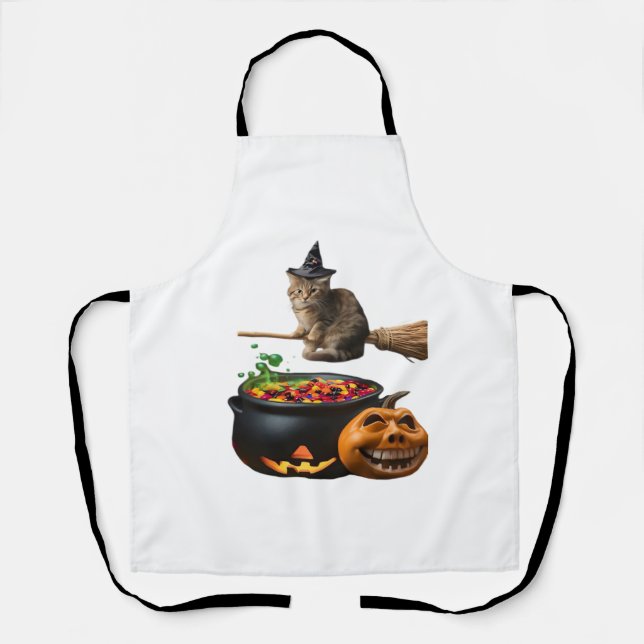 Delantal Gato en un bastón de escoba en Halloween. Camiseta (Anverso)