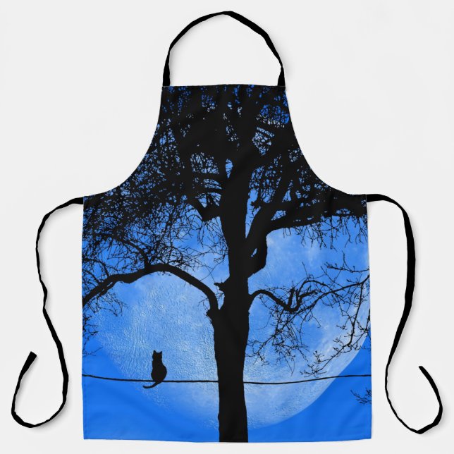 Delantal Gato en una luna azul con cable (Anverso)