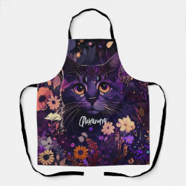 Delantal "Gato floral" morado y negro