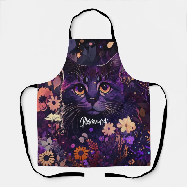 Delantal "Gato floral" morado y negro (Anverso)