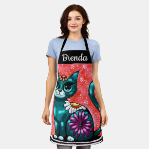 Delantal Gato gatito gigante sentado en una alfombra floral