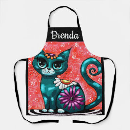 Delantal Gato gatito gigante sentado en una alfombra floral