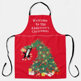 Delantal Gato gracioso y árbol de Navidad rojo personalizad