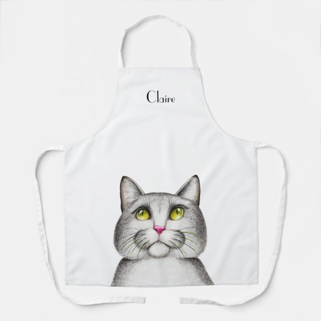 Delantal Gato gris lindo personalizado (Anverso)