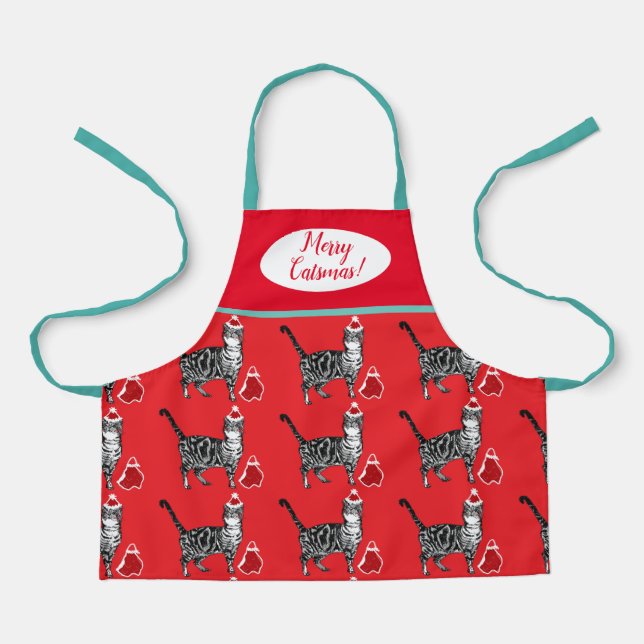 Delantal Gato lindo gatos Gatos Feliz Navidad Apron azul ro (Anverso)