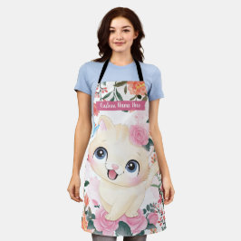 Delantal Gato Lindo Rosas Rosadas Flores Rubor Nombre Perso