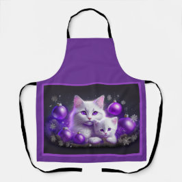 Delantal Gato Madre Blanco Y Gatito Escena De Navidad Púrpu
