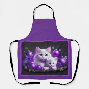 Delantal Gato Madre Blanco Y Gatito Escena De Navidad Púrpu
