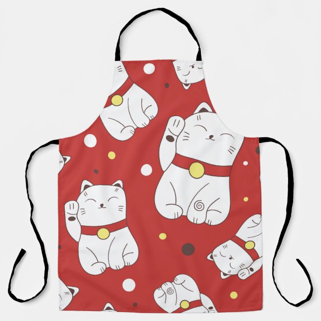 Delantal Gato Maneki-Neko, patrón de doodle japonés. (Anverso)