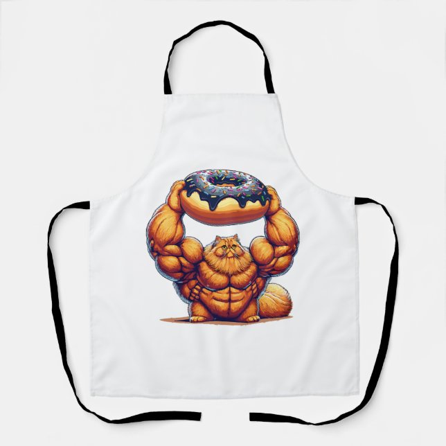 Delantal Gato Musculoso Levantando Donut (Anverso)