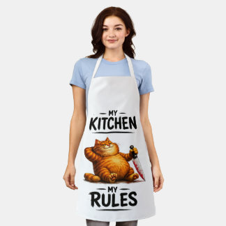 Delantal Gato naranja divertido con cuchillo Mi cocina mis