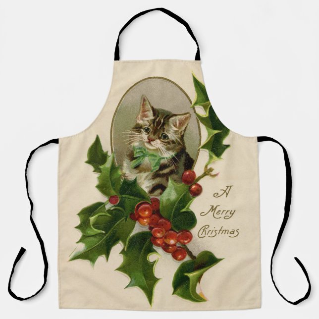 Delantal Gato Navidades Merry Holly Kitten Arte Antiguo (Anverso)
