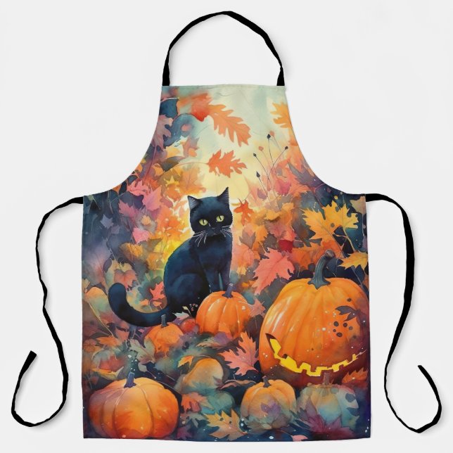 Delantal Gato negro de Halloween con calabazas aterradoras (Anverso)