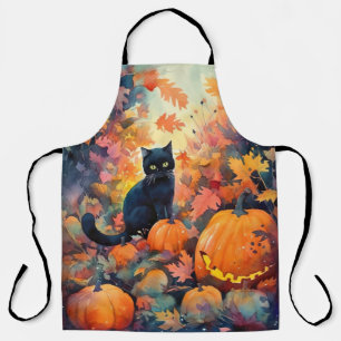 Delantal Gato Negro de Halloween con Calabazas Espeluznante
