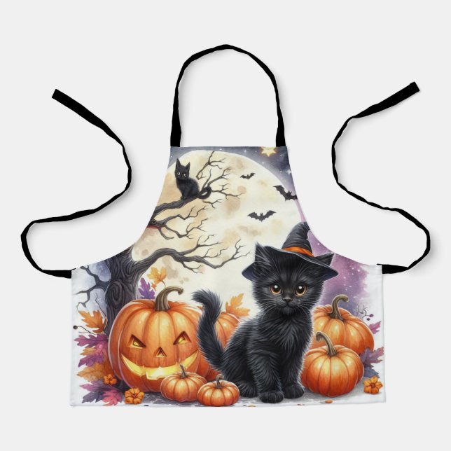 Delantal Gato negro de Halloween y calabazas (Anverso)
