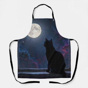 Delantal Gato Negro Galaxia de Luna Llena Escena de Ventana