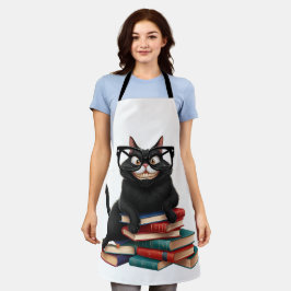Delantal Gato negro inteligente con gafas - Personalizado d