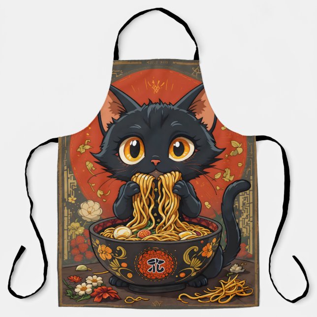 Delantal Gato negro lindo con fideos (Anverso)