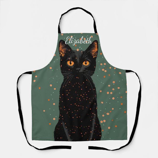 Delantal Gato negro místico con ojos Naranjas y Purpurina (Anverso)