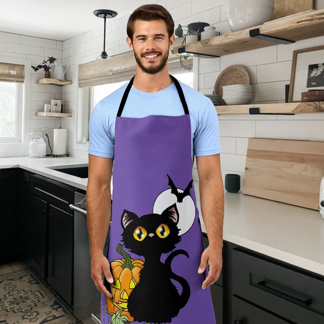 Delantal Gato negro morado de la Calabaza de Halloween (Subido por el creador)