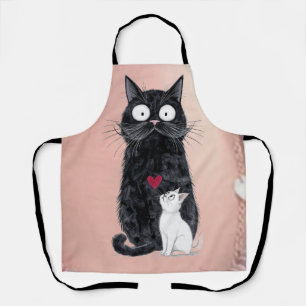 Delantal Gato negro y gatito blanco juguetones con corazón 