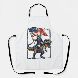 Delantal Gato Patriótico Montando Dinosaurio Diseño Vector