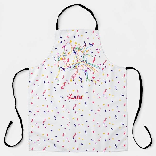 Delantal Gato psicodélico con confetti. Nombre modificable (Anverso)
