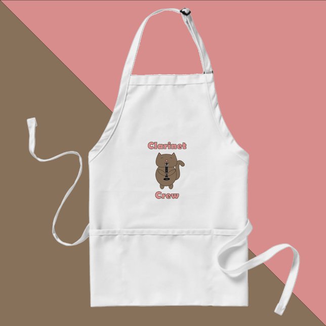 Delantal Gato rosa de la tripulación del Clarinet Brown (A cute apron that says clarinet crew with a cute clarinet playing cat.)