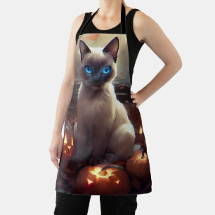 Delantal Gato siamés de Halloween con calabazas aterradoras