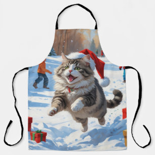 Delantal Gato Siberiano Corriendo en la Nieve con Sombrero