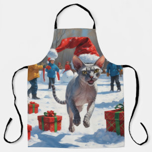 Delantal Gato Sphynx corriendo en la nieve con sombrero de