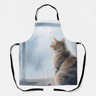 Delantal Gato Tabby de Acuarela en Ventana Lluviosa