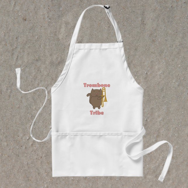 Delantal Gato Trombón Lindo “Tribu del Trombón” Banda de Mú (An apron with a brown cat holding a trombone with the words trombone tribe in pink letters.)