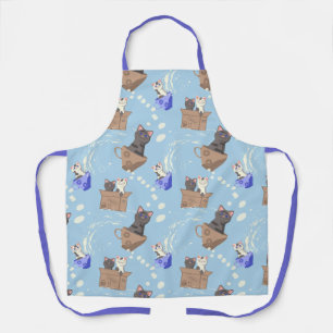 Delantal Gatos en caja y gotas de leche en azul
