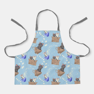 Delantal Gatos en caja y gotas de leche en azul