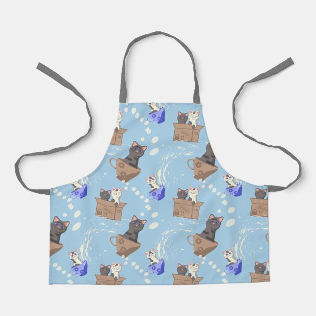 Delantal Gatos en caja y gotas de leche en azul (Anverso)