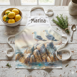 Delantal Gaviotas Costeras Paisaje Marítimo Acuarela