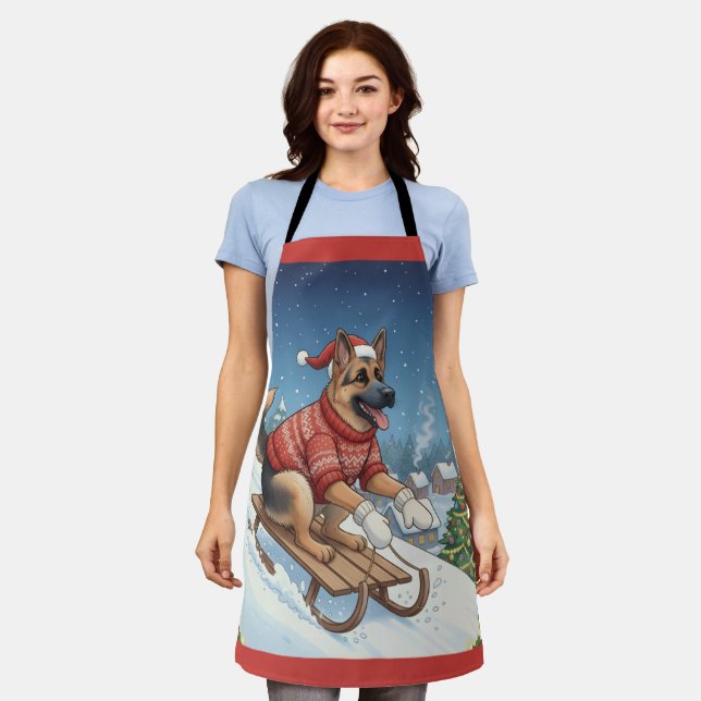Delantal German Shepherd Sledding, Christmas Apron (Gastado)