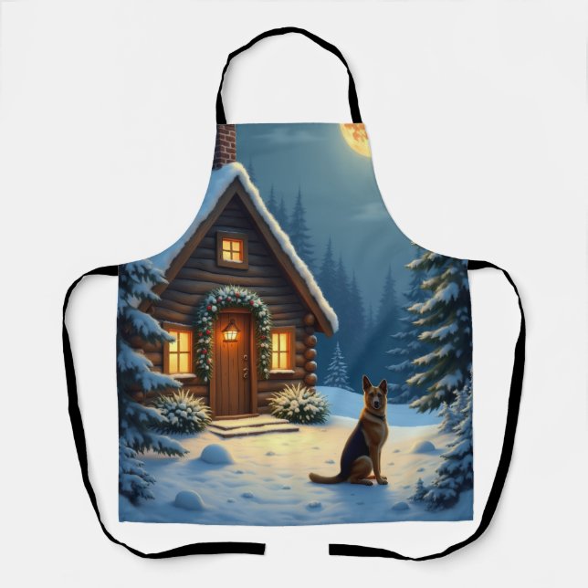 Delantal German Shepherd Snowy Forest Cabin Christmas Paint (Anverso)