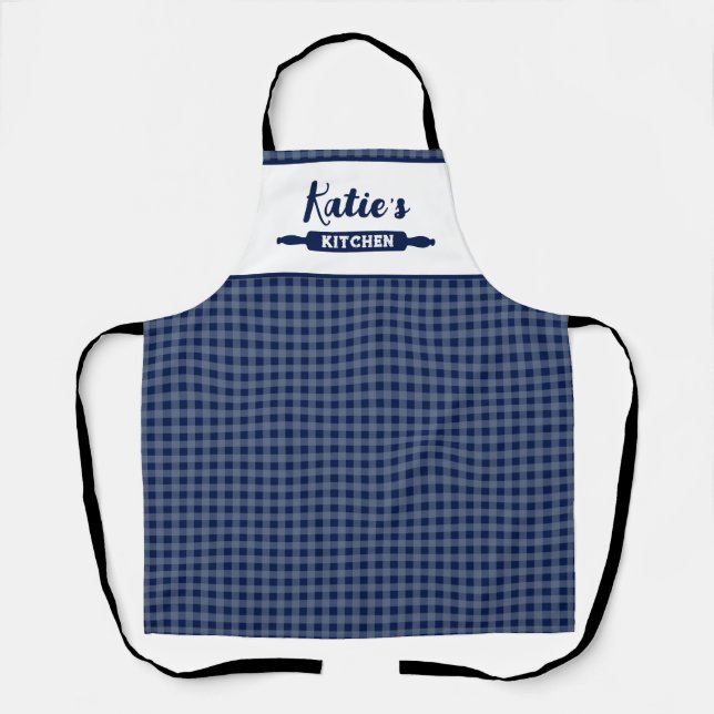 Delantal Gingham Azul Marinho Personalizado (Anverso)